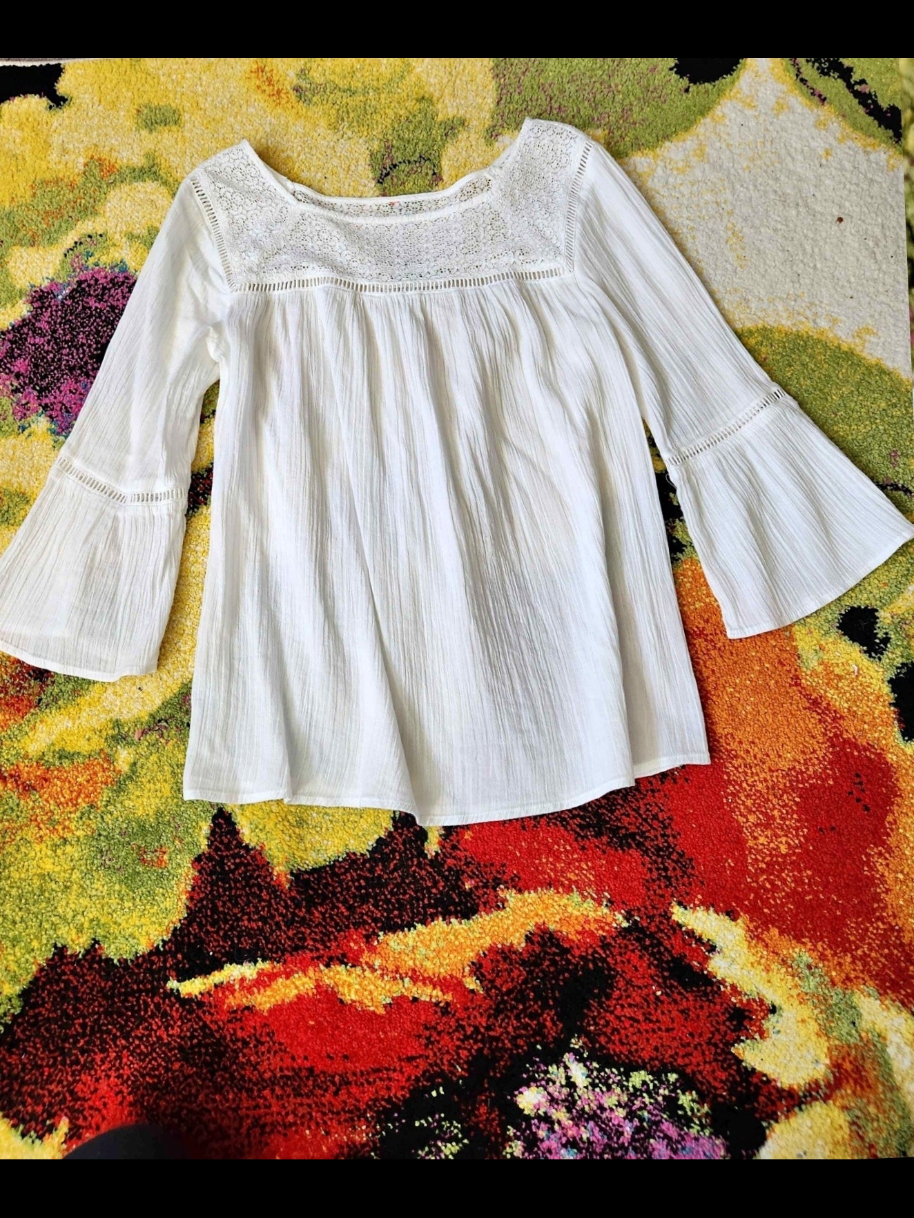 Women’s White Boho Lace Yoke Bell Sleeve Top